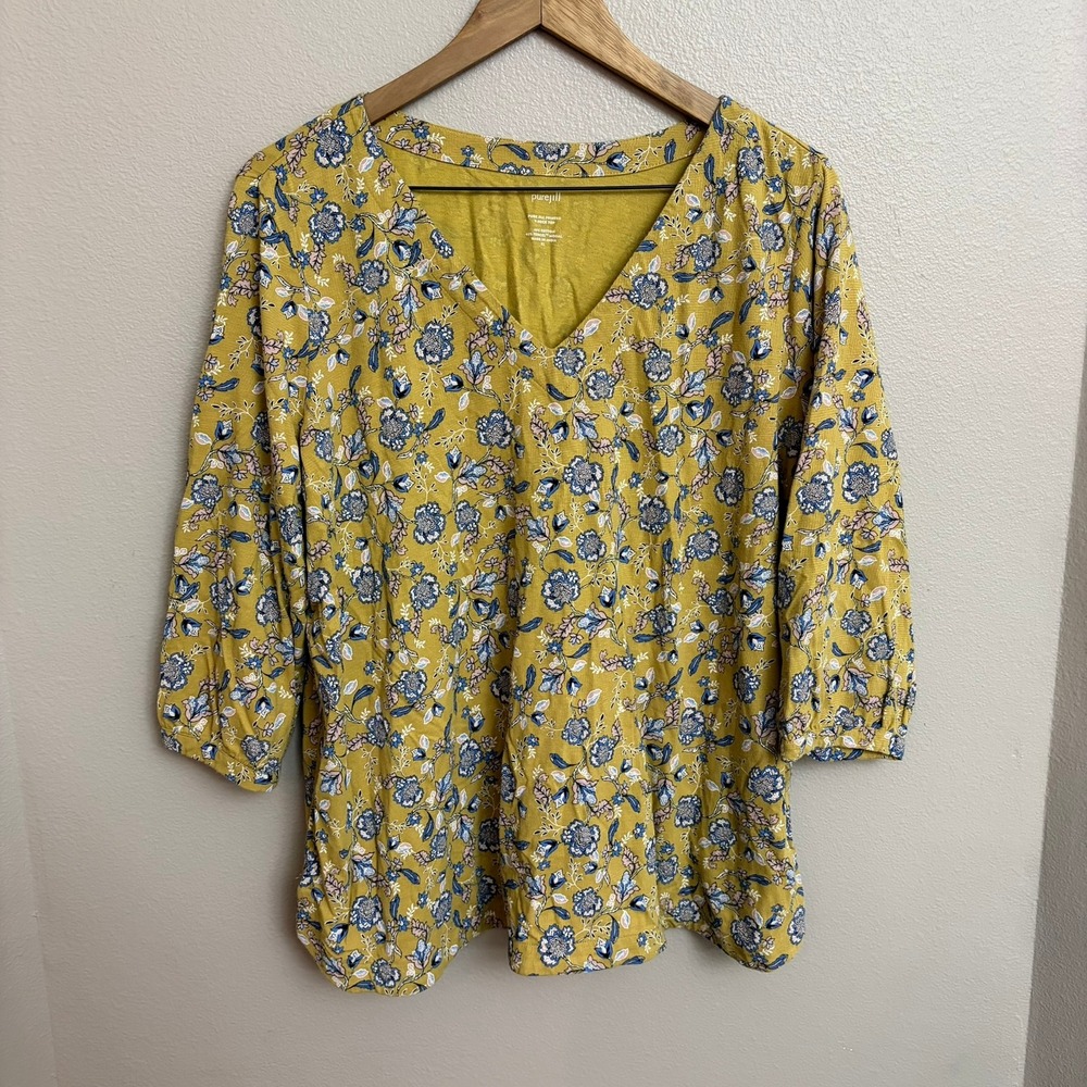Pure Jill Top Large Mustard Yellow Floral V-Neck 3/4 Sleeve Cotton Modal Blend